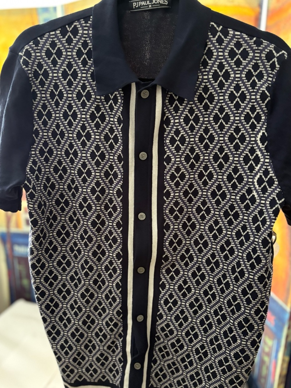 PJ Paul Jones Navy and White Geometric Knit Polo - Size M